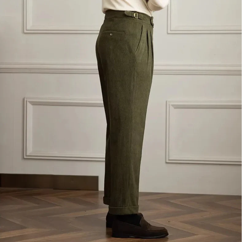 Men's Pleated Side Button Cuffed Hem Straight Leg Corduroy Pants