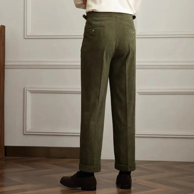 Men's Pleated Side Button Cuffed Hem Straight Leg Corduroy Pants