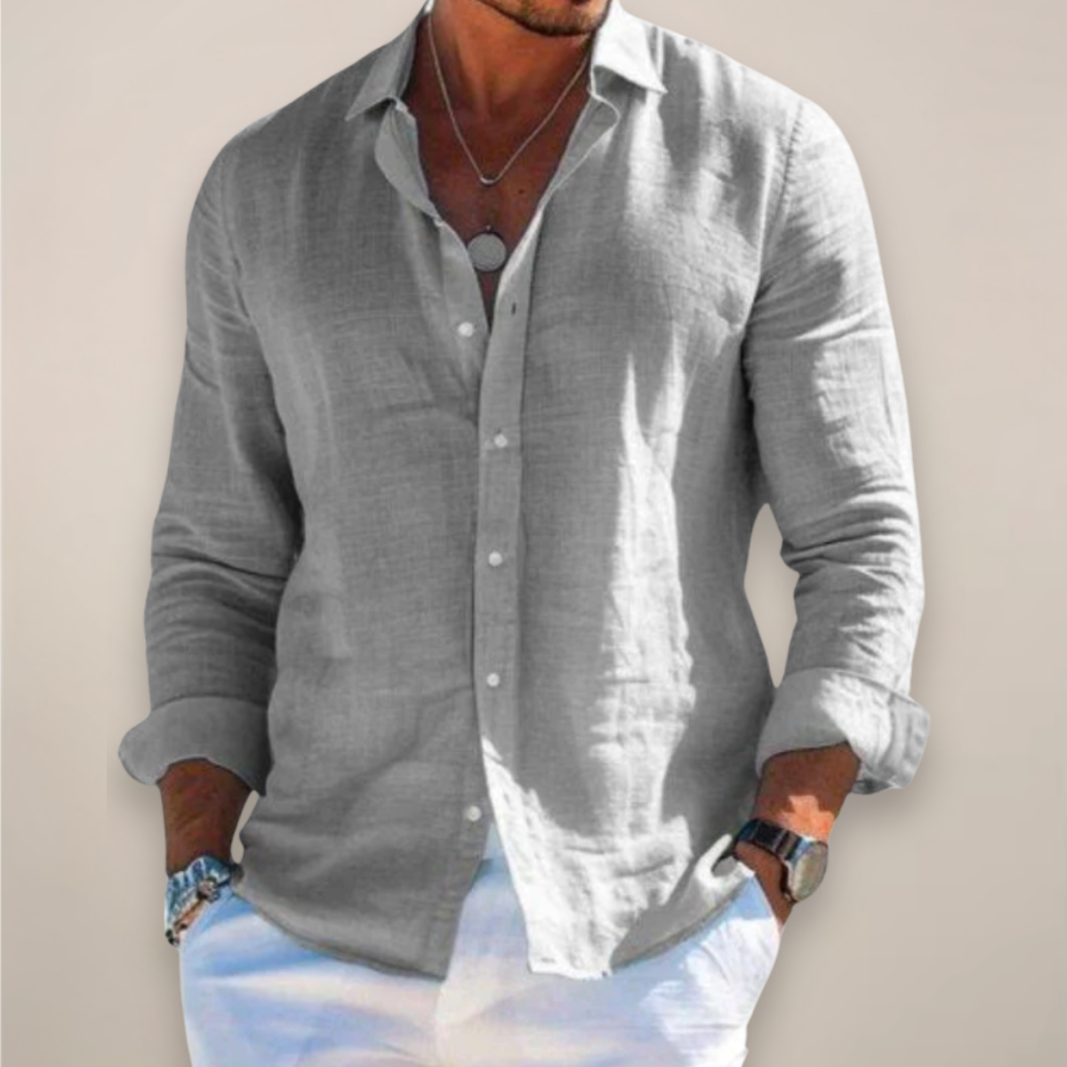 Men's Pointed-Collar Long-Sleeve Button-Up Shirt