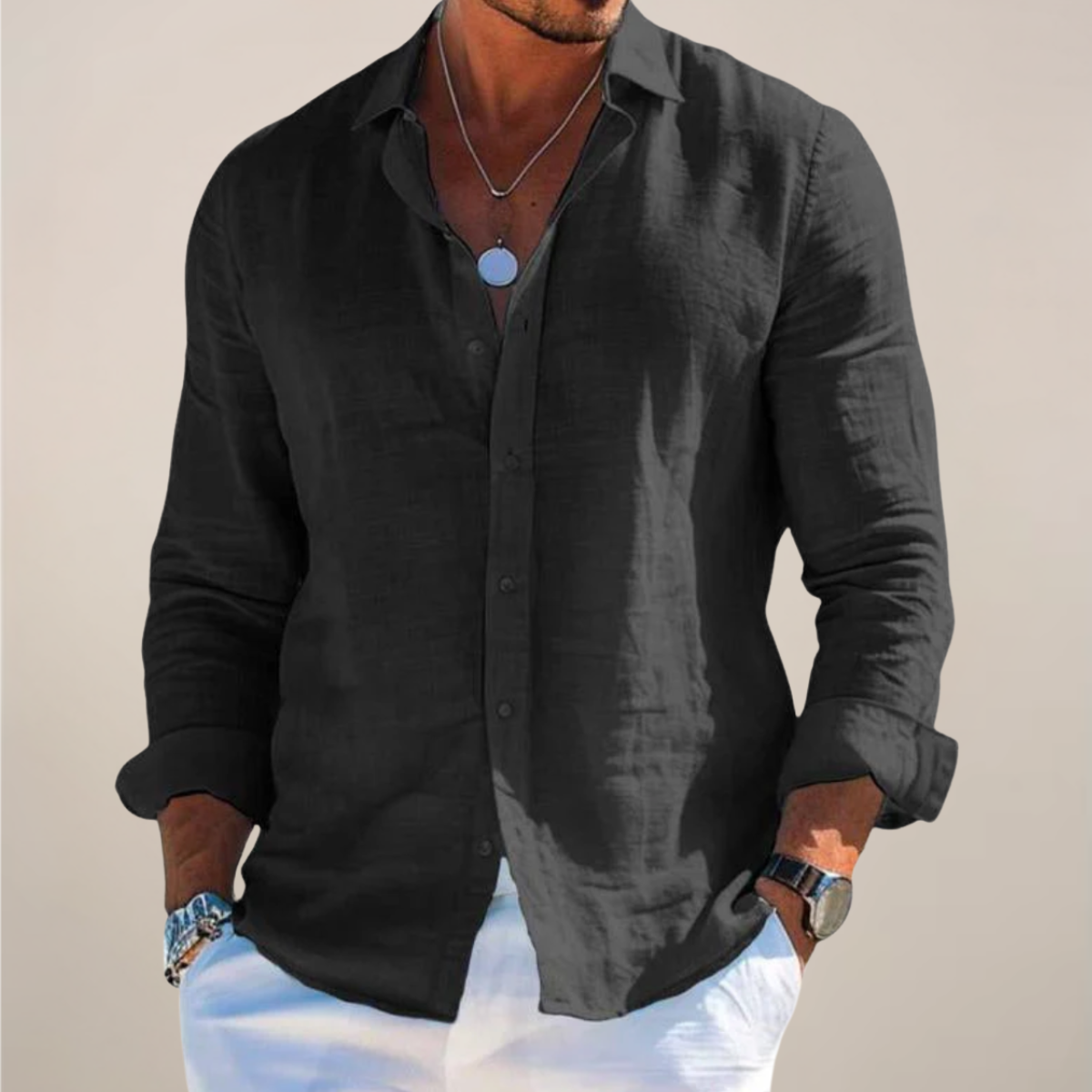 Men's Pointed-Collar Long-Sleeve Button-Up Shirt