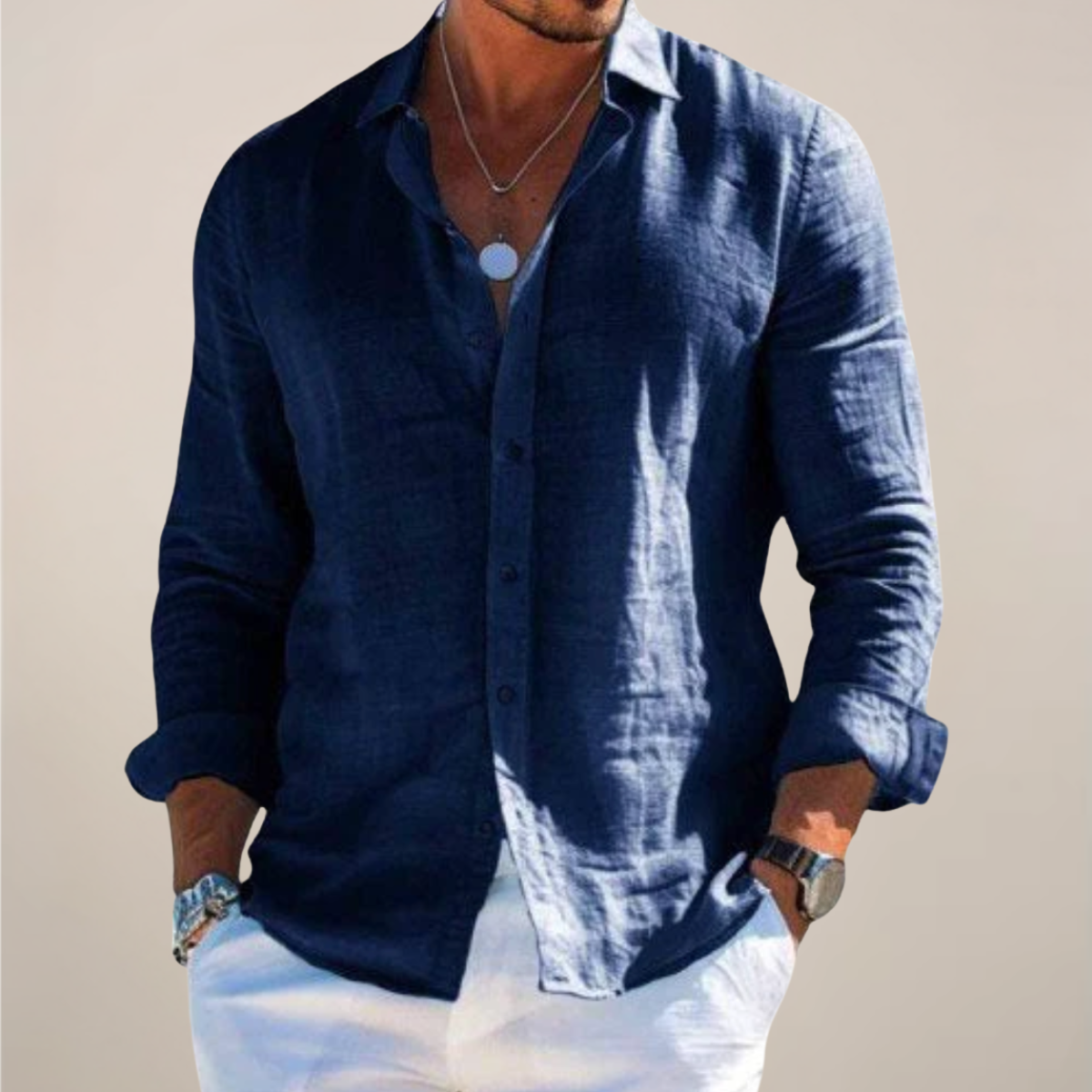 Men's Pointed-Collar Long-Sleeve Button-Up Shirt