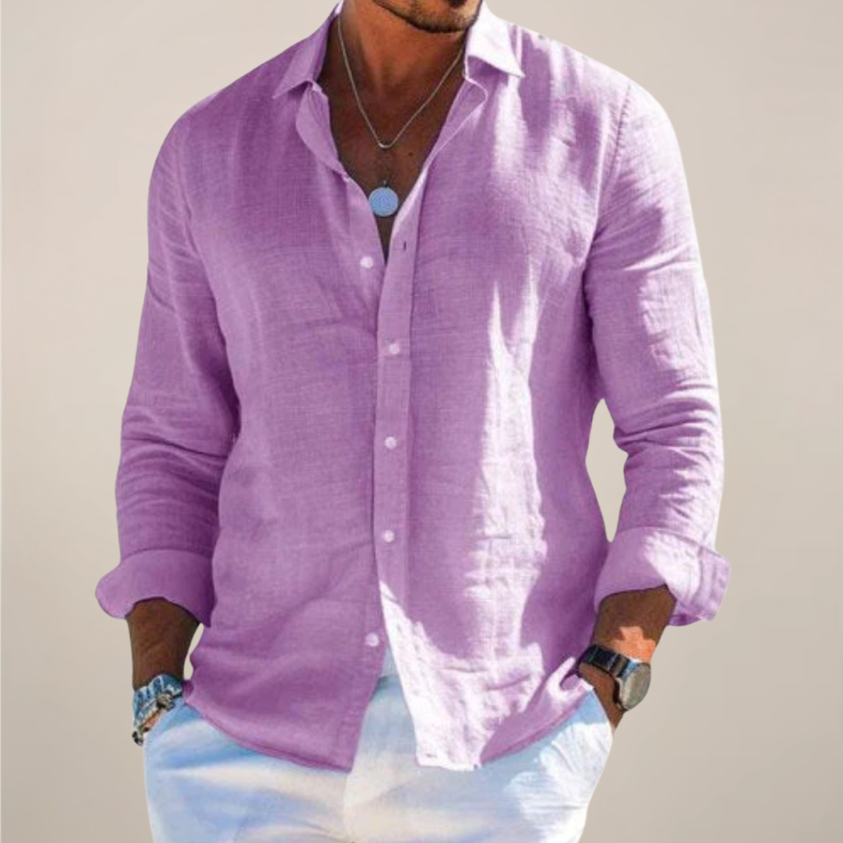 Men's Pointed-Collar Long-Sleeve Button-Up Shirt
