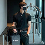 Men's Ribbed Button Polo Collar Short Sleeve Polo Shirt