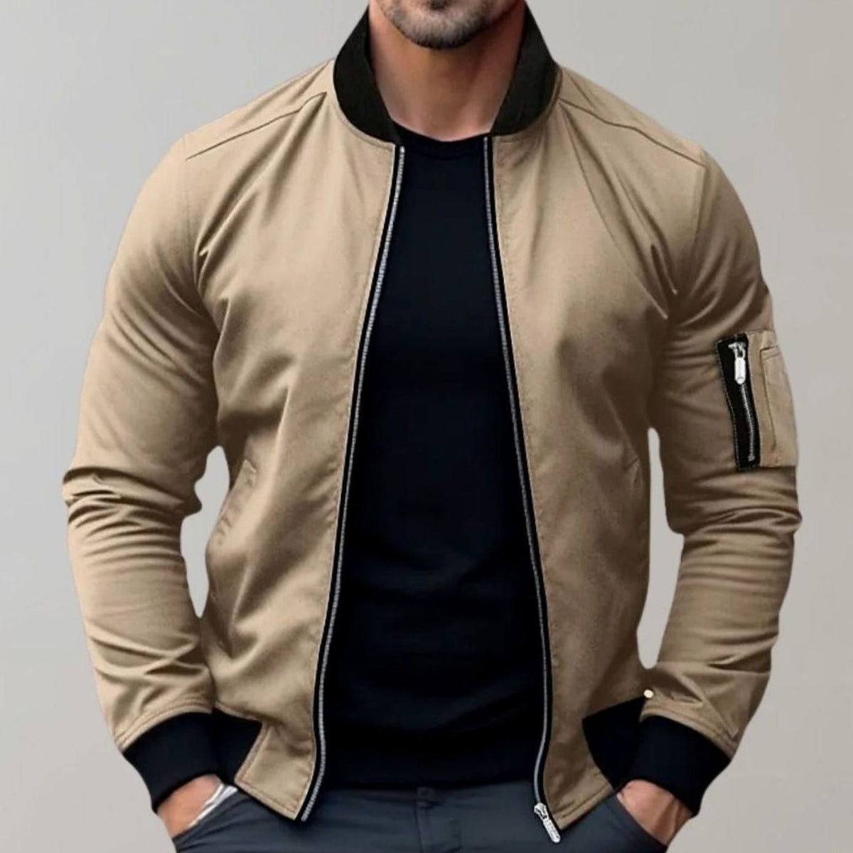 Men's Ribbed-Collar Zip-Up Bomber Jacket