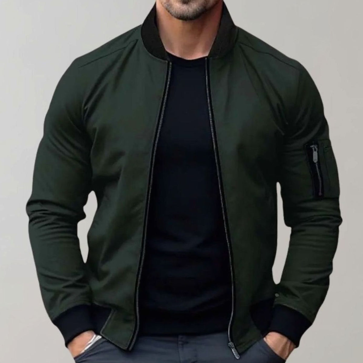 Men's Ribbed-Collar Zip-Up Bomber Jacket