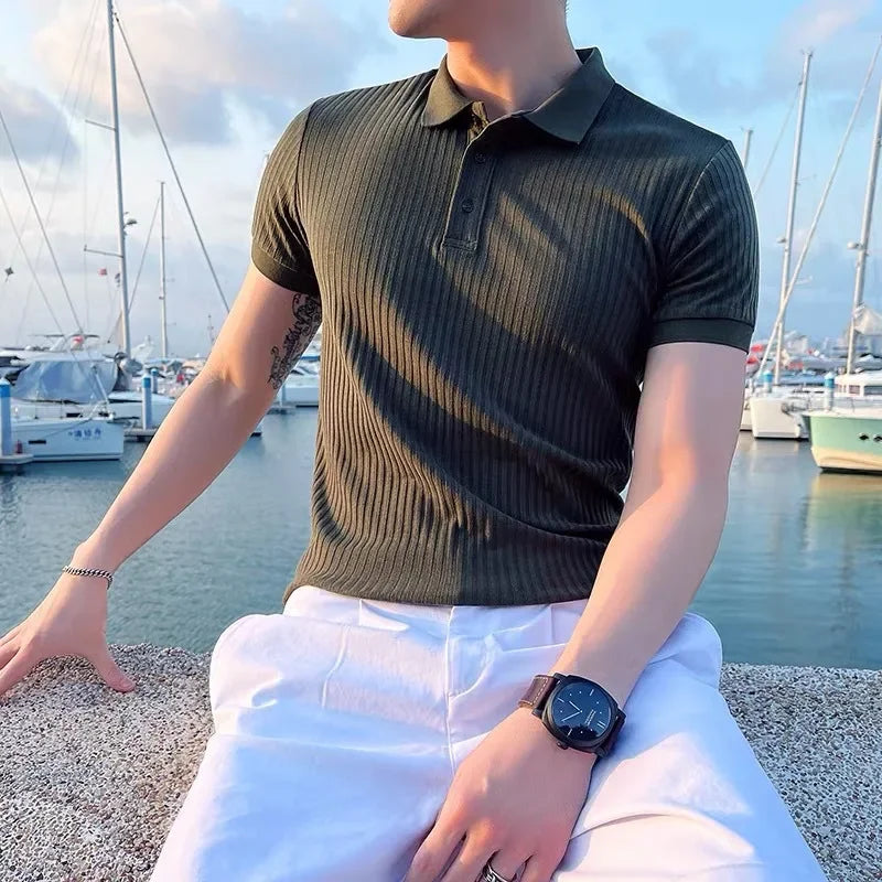 Men's Short Sleeve Button Placket Ribbed Polo Shirt