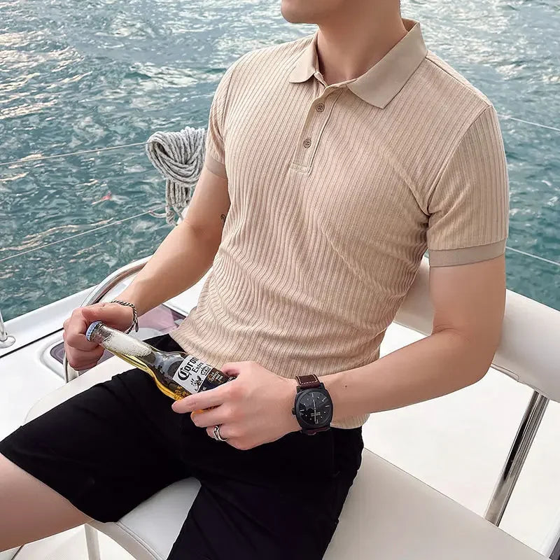 Men's Short Sleeve Button Placket Ribbed Polo Shirt
