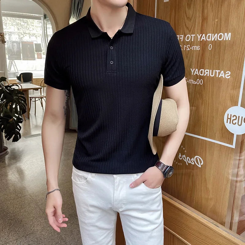 Men's Short Sleeve Button Placket Ribbed Polo Shirt