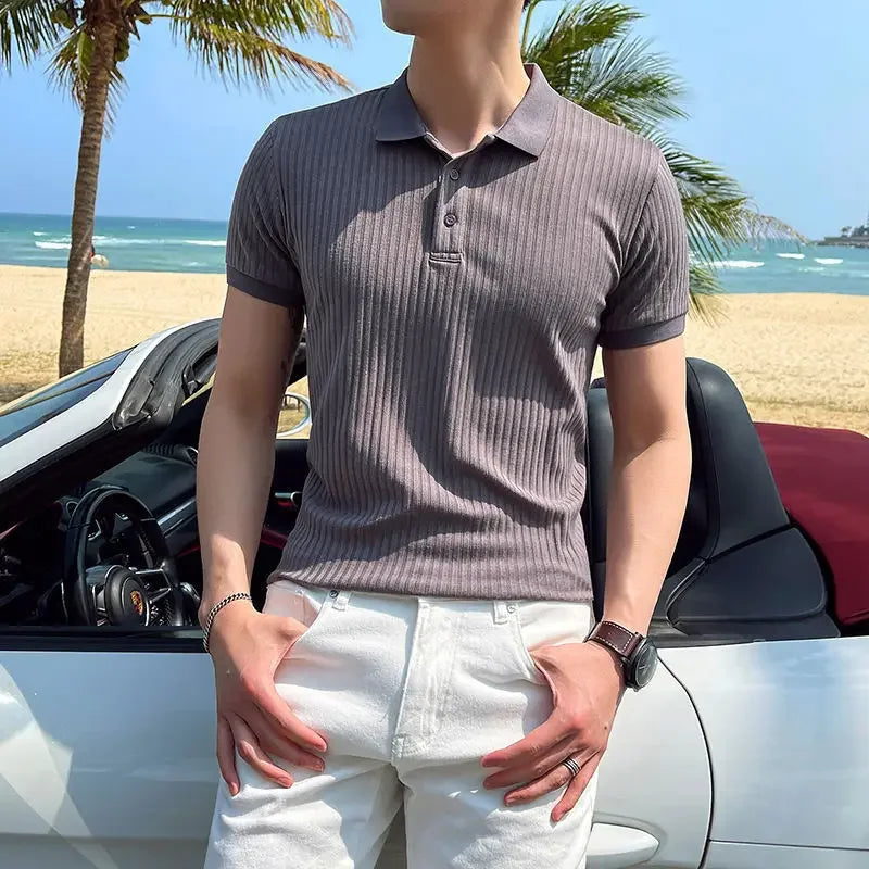 Men's Short Sleeve Button Placket Ribbed Polo Shirt