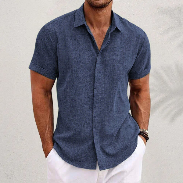 Men's Short Sleeve Button-Up Casual Shirt with Rolled Cuffs