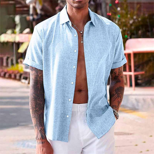 Men's Short Sleeve Button-Up Casual Shirt with Rolled Cuffs