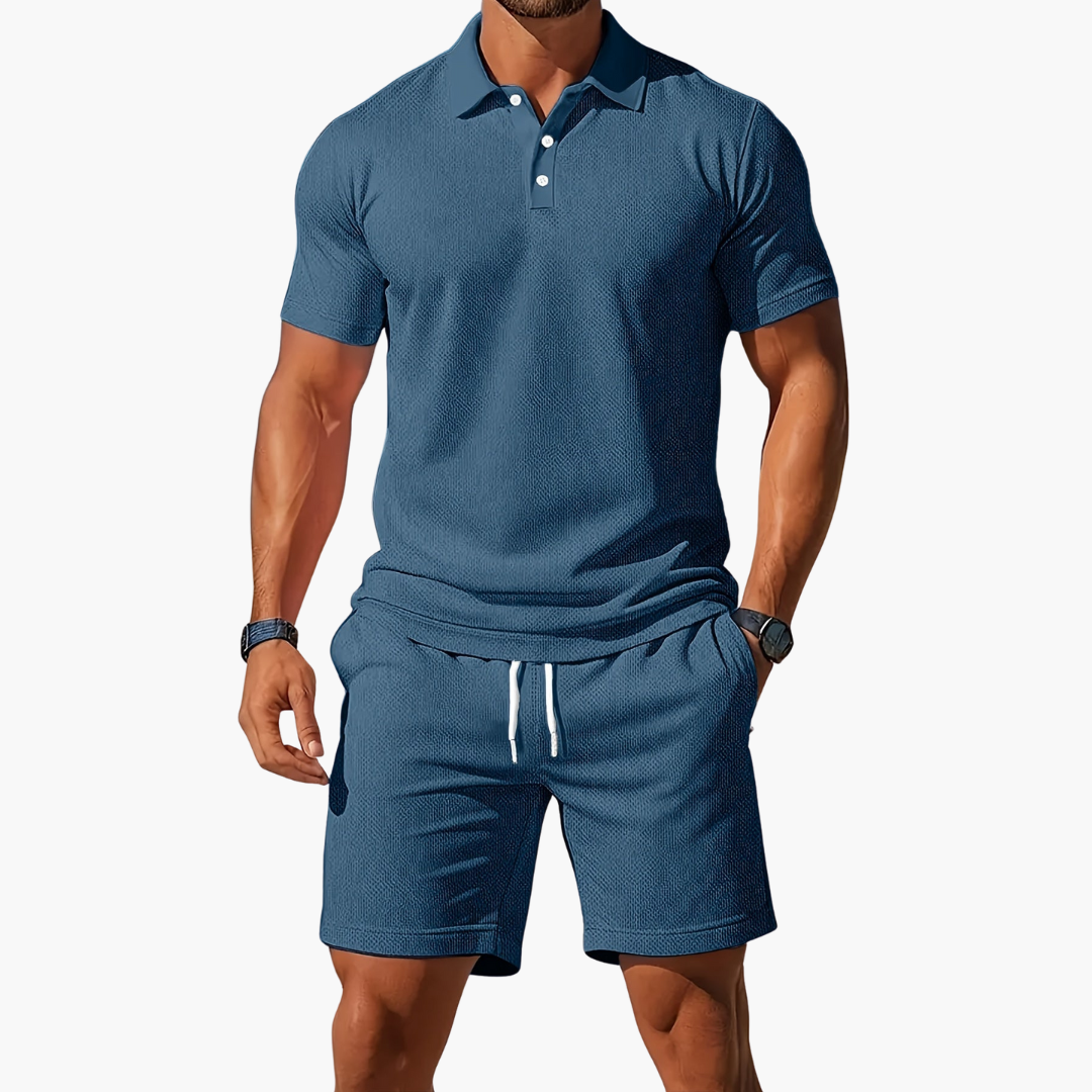 Men’s Short Sleeve Polo Shirt and Drawstring Shorts 2 Piece Lounge Set
