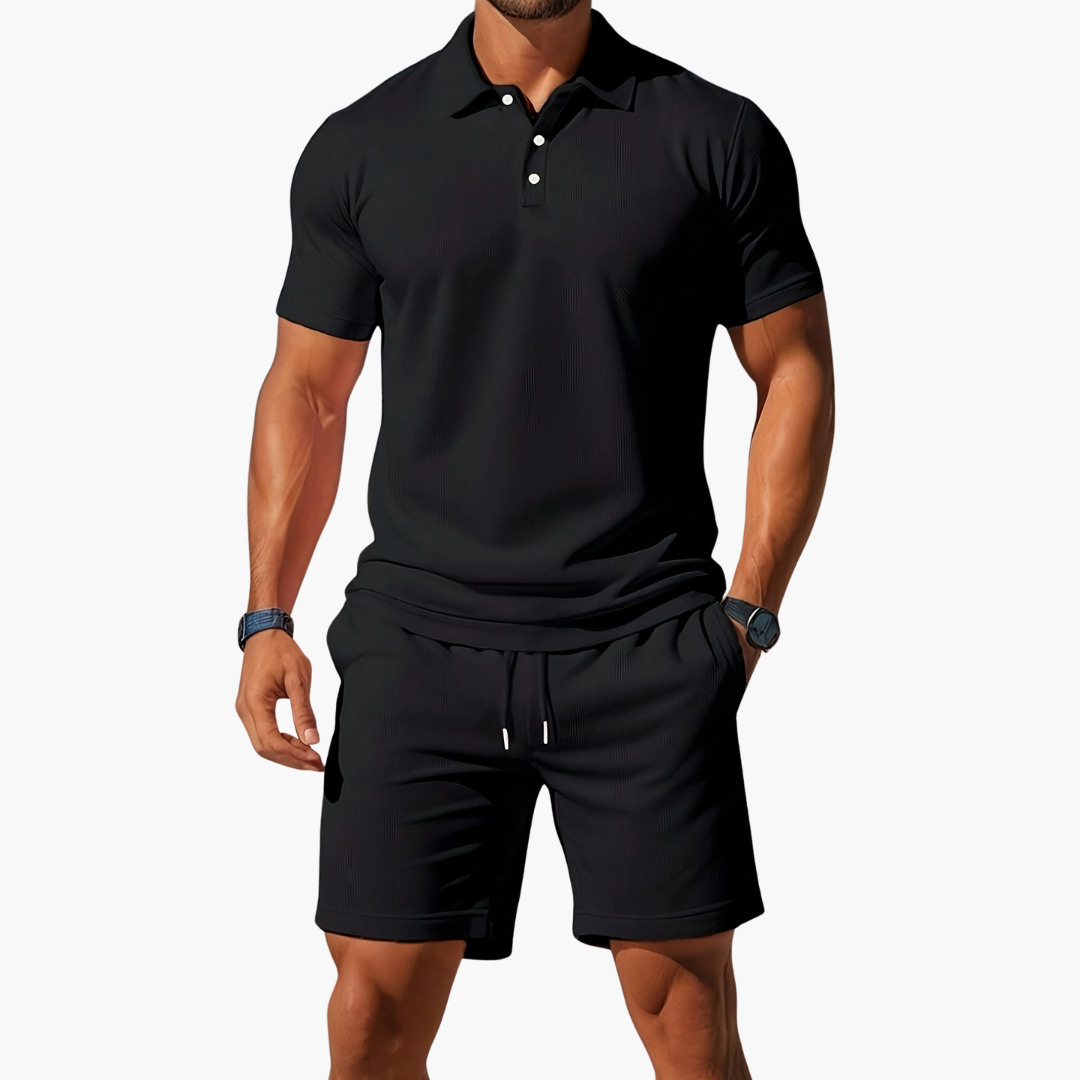 Men’s Short Sleeve Polo Shirt and Drawstring Shorts 2 Piece Lounge Set