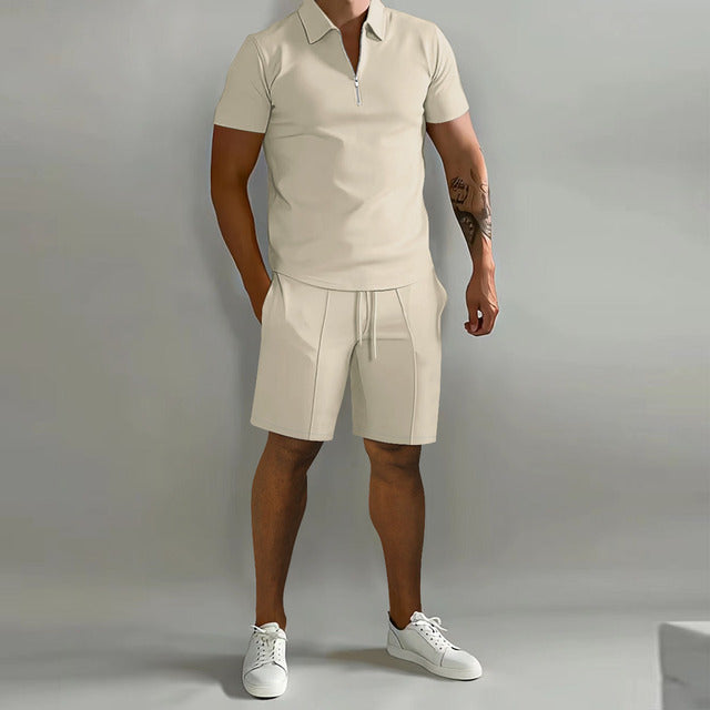 Men’s Short Sleeve Zip Polo Shirt and Drawstring Shorts 2 Piece Set