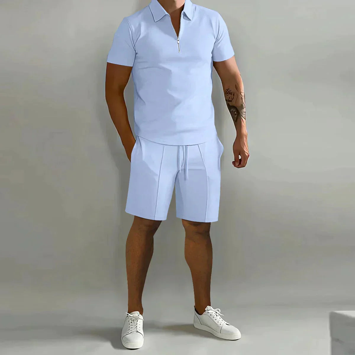 Men’s Short Sleeve Zip Polo Shirt and Drawstring Shorts 2 Piece Set
