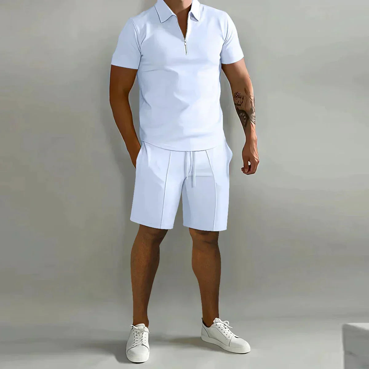 Men’s Short Sleeve Zip Polo Shirt and Drawstring Shorts 2 Piece Set
