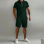 Men’s Short Sleeve Zip Polo Shirt and Drawstring Shorts 2 Piece Set