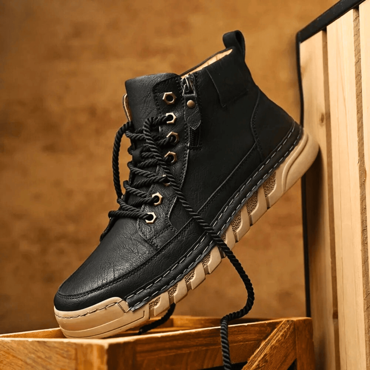Men’s Side Zip Lace-Up High-Top Ankle Boots