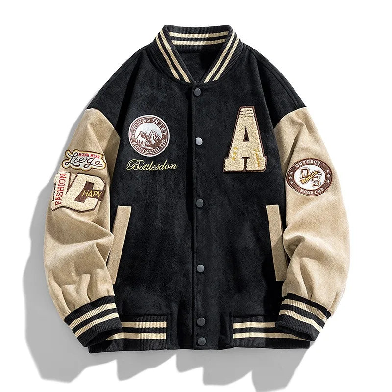 Men’s Snap Button Two-Tone Patch Varsity Bomber Jacket