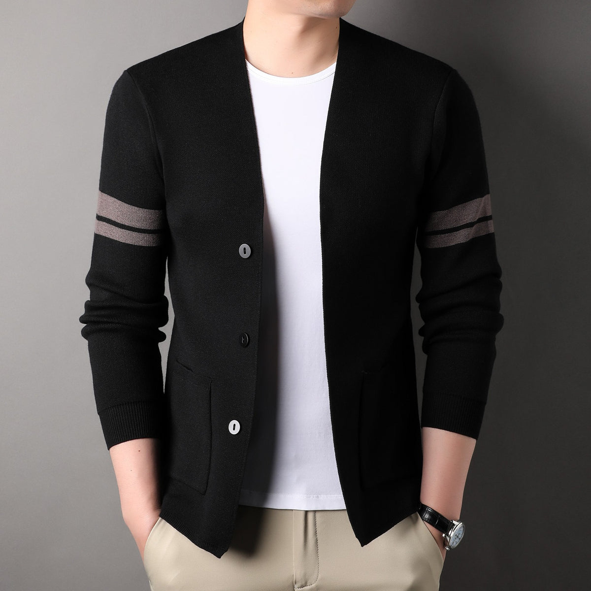 Men's Striped Button Front Long Sleeve Pocket Open Cardigan