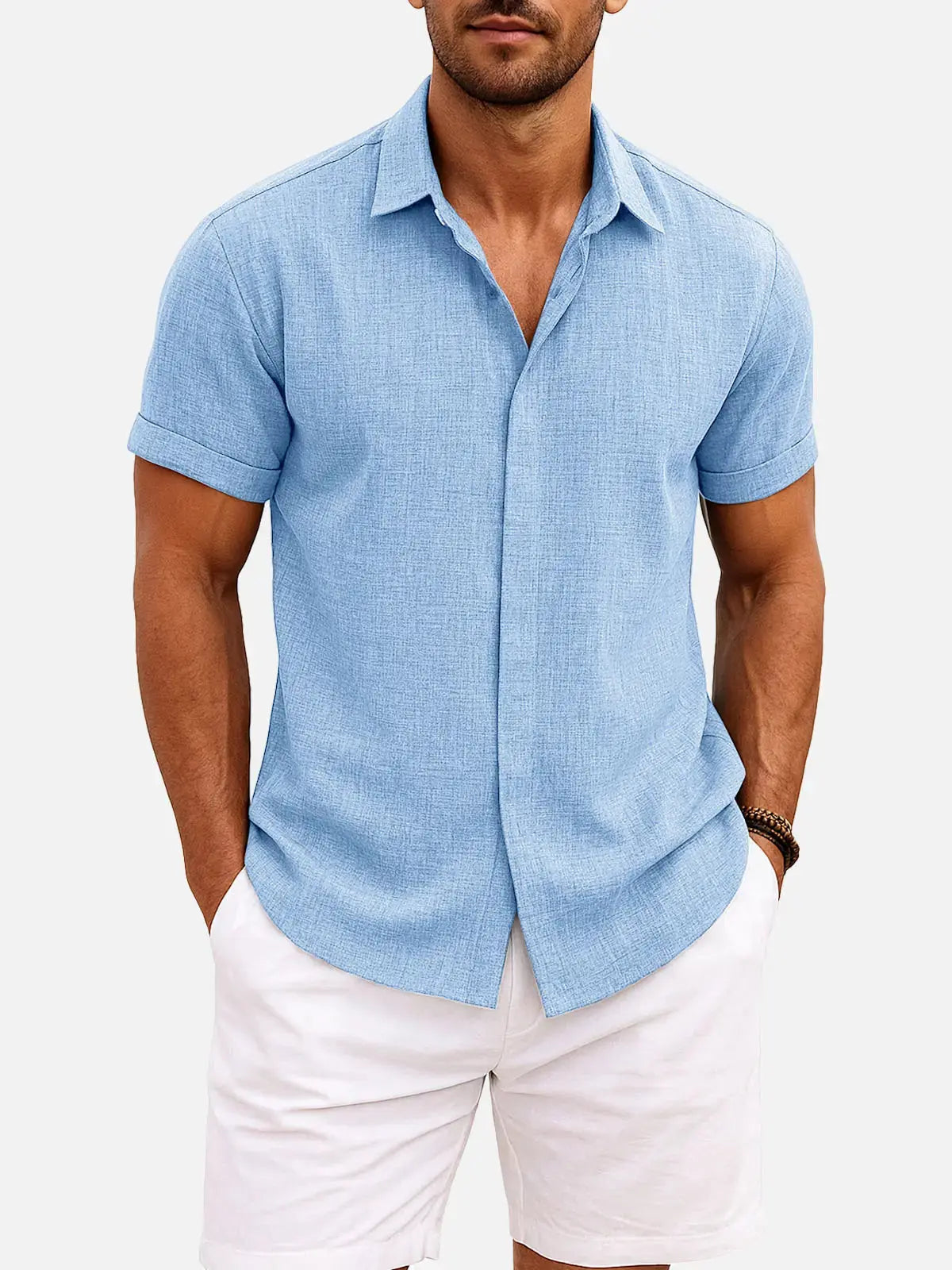 Men’s Textured Button Down Short Sleeve Collared Casual Shirt
