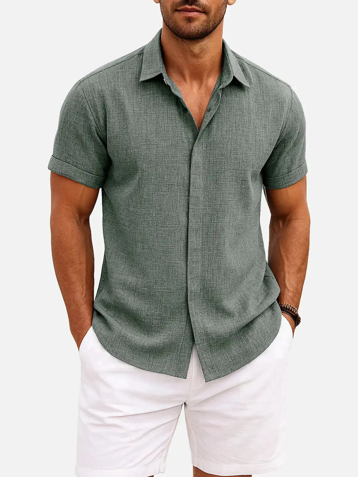 Men’s Textured Button Down Short Sleeve Collared Casual Shirt