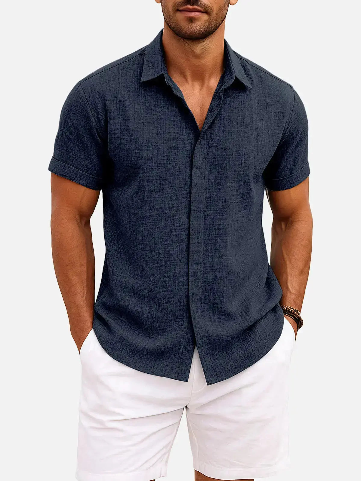 Men’s Textured Button Down Short Sleeve Collared Casual Shirt