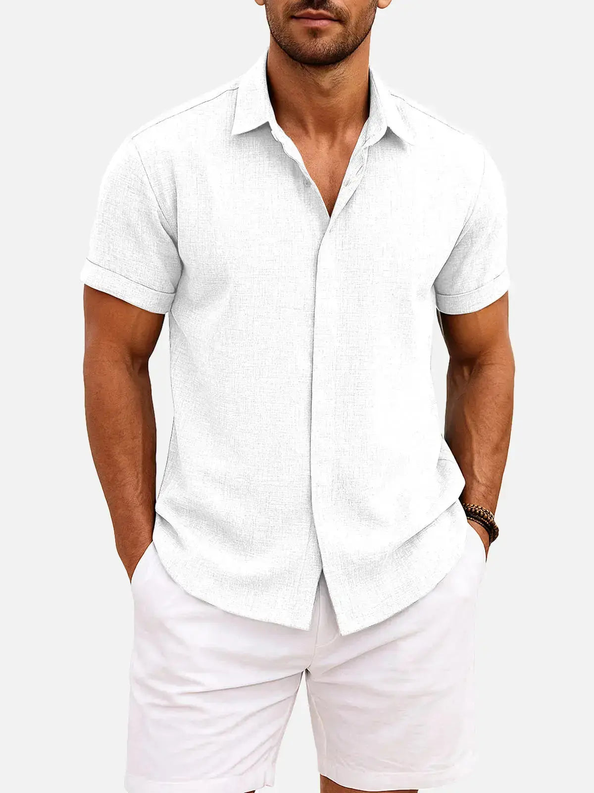 Men’s Textured Button Down Short Sleeve Collared Casual Shirt