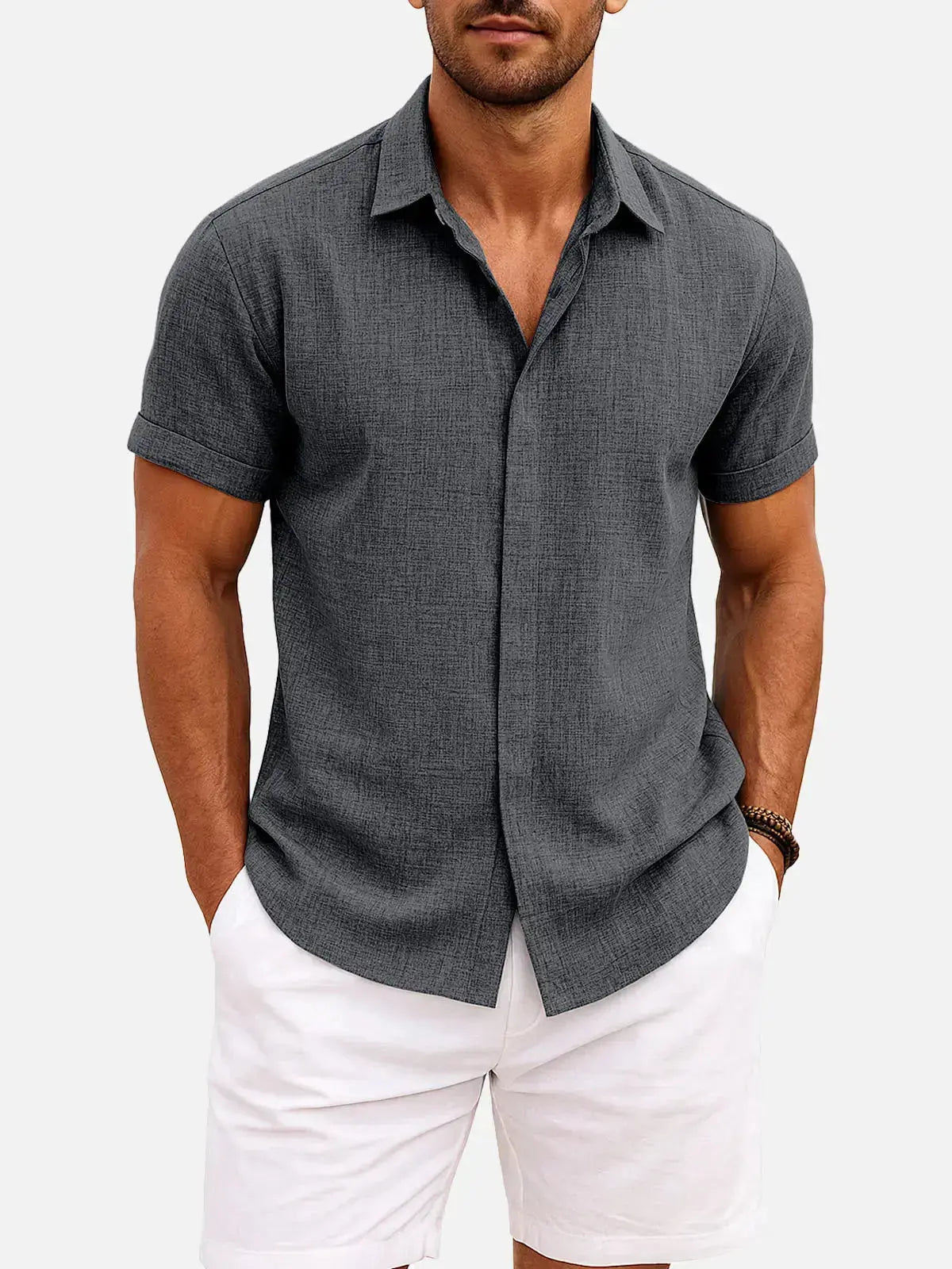 Men’s Textured Button Down Short Sleeve Collared Casual Shirt