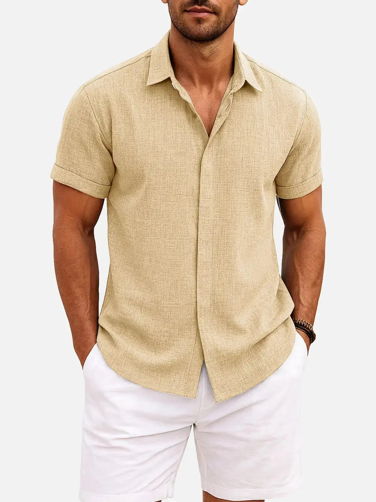 Men’s Textured Button Down Short Sleeve Collared Casual Shirt