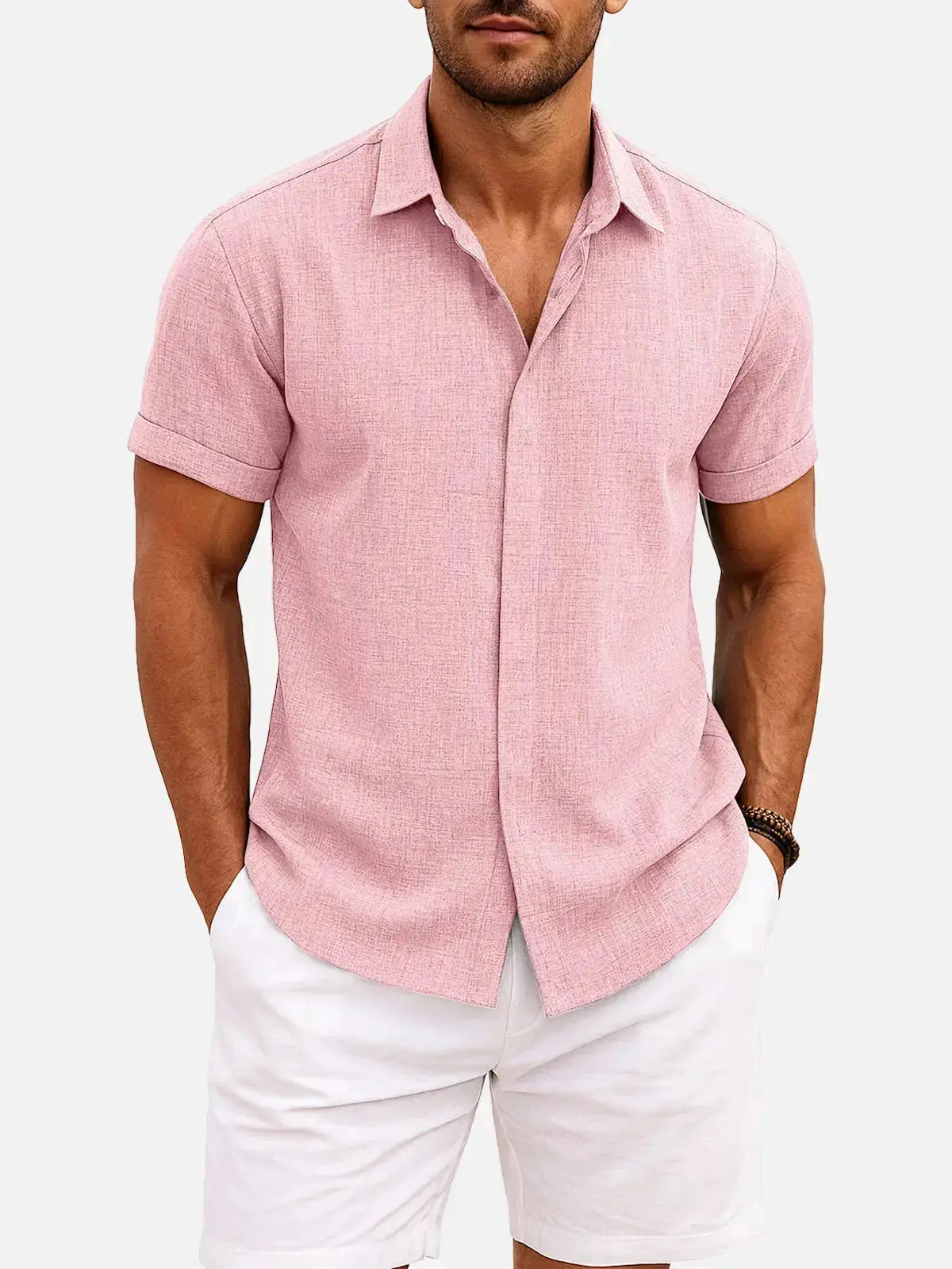 Men’s Textured Button Down Short Sleeve Collared Casual Shirt