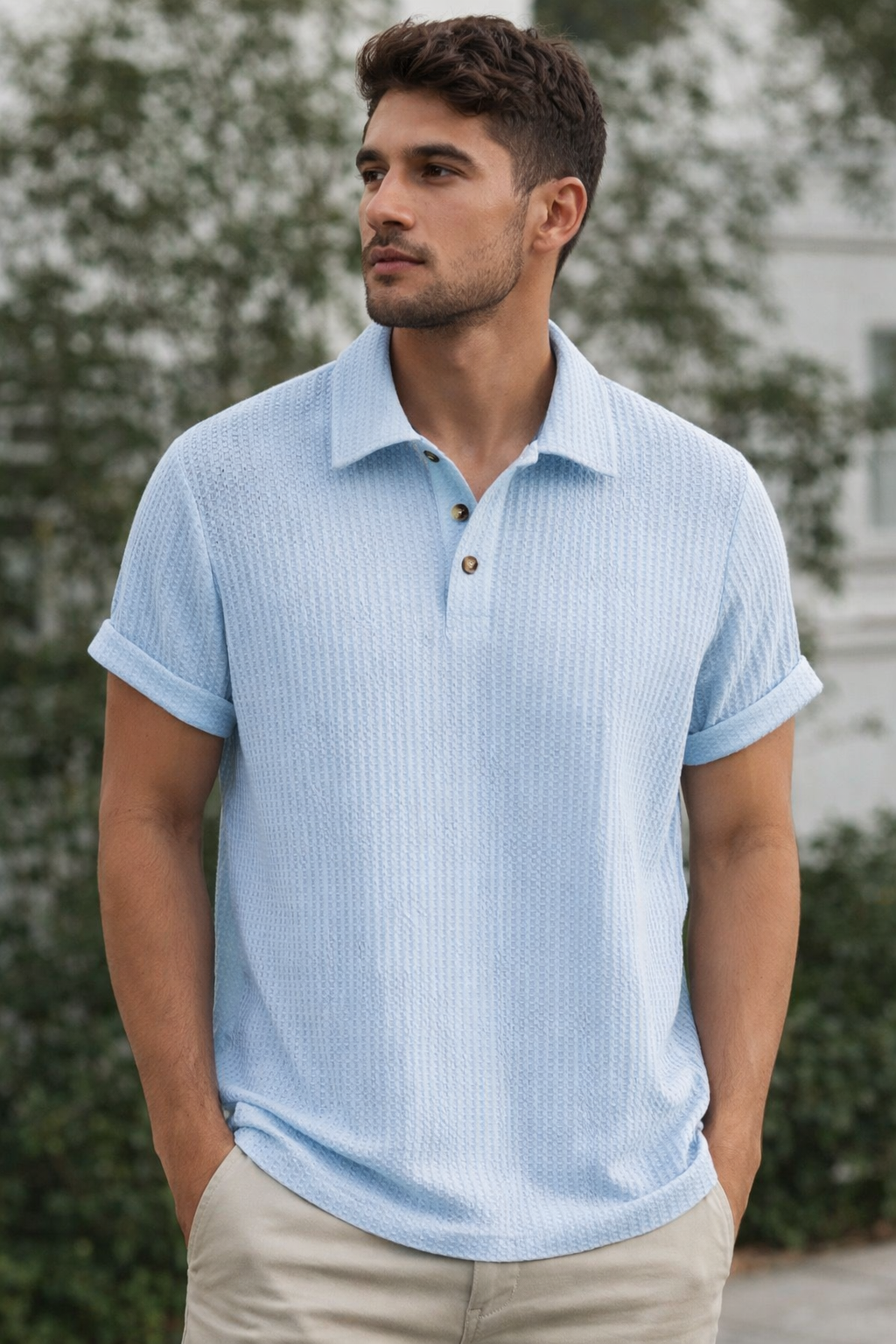 Men’s Textured Short Sleeve Button Placket Collared Polo Shirt