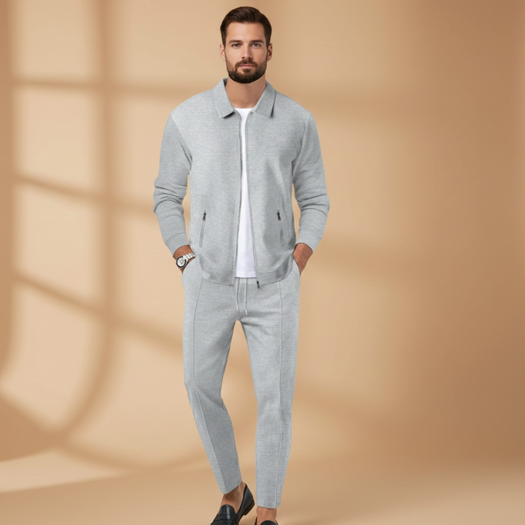 Men’s Textured Zip Up 2 Piece Tracksuit Set