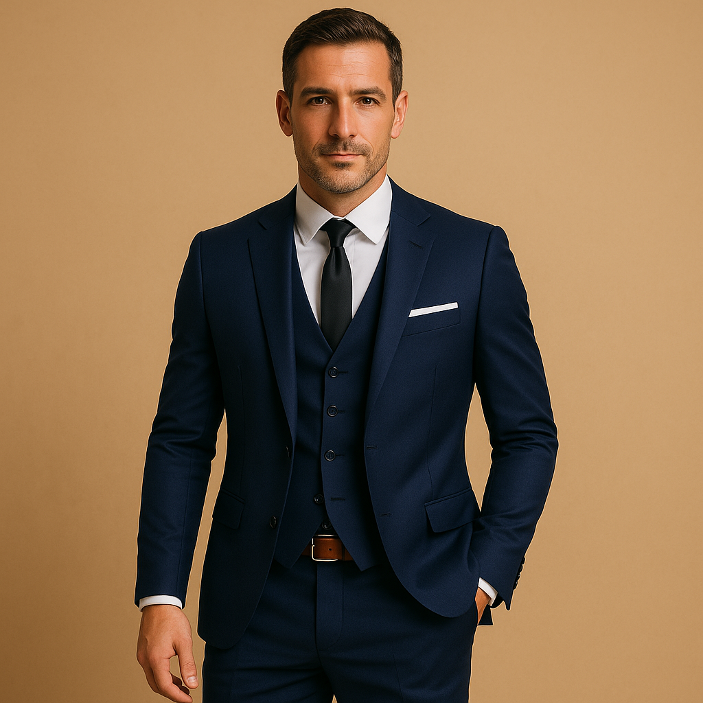 Men's Wedding Notch Lapel Button Front Vest Flap Pocket Three Part Suit