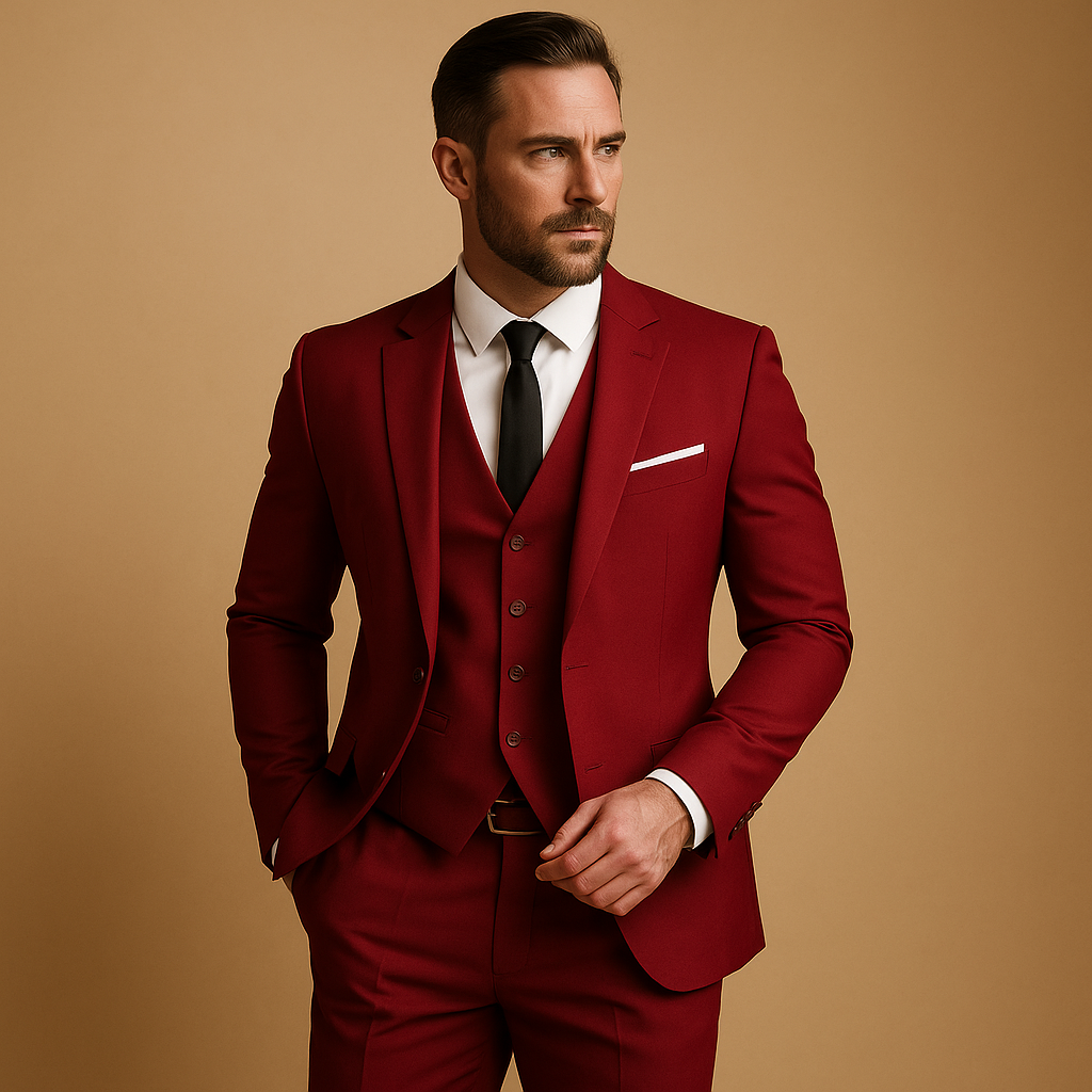 Men's Wedding Notch Lapel Button Front Vest Flap Pocket Three Part Suit