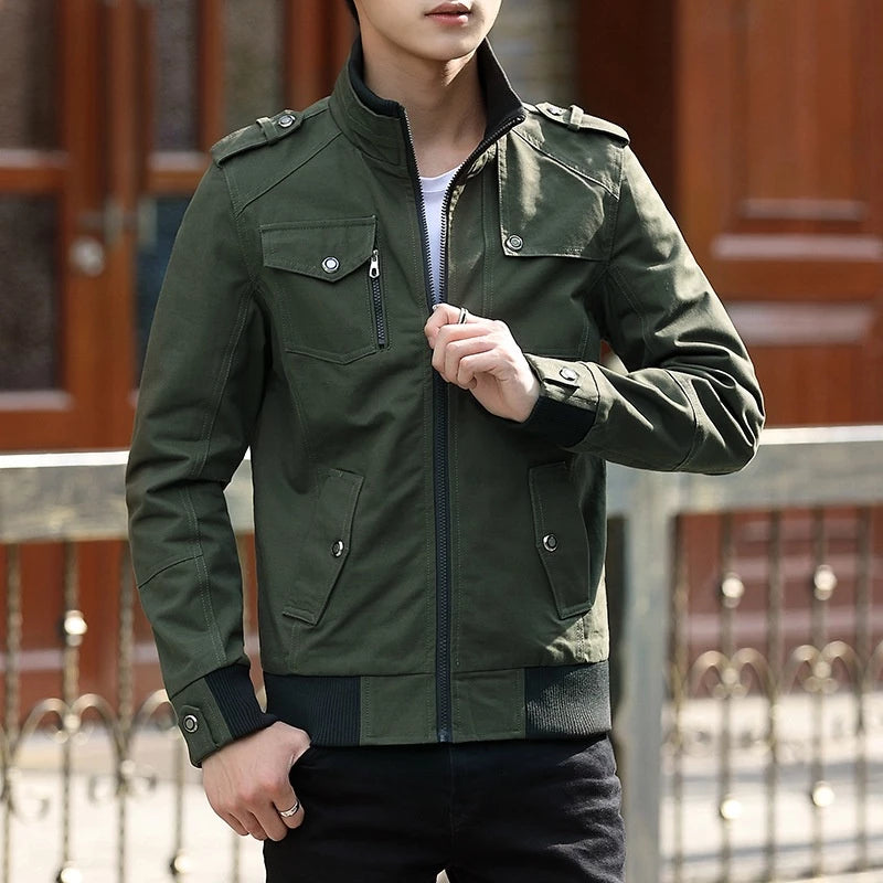 Men’s Zip Front Stand Collar Utility Bomber Jacket