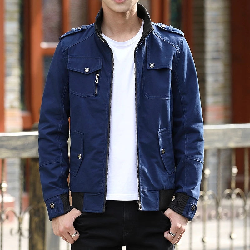 Men’s Zip Front Stand Collar Utility Bomber Jacket