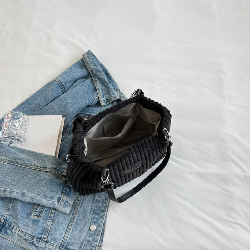 Women’s Corduroy Shoulder Bag with Ribbed Design