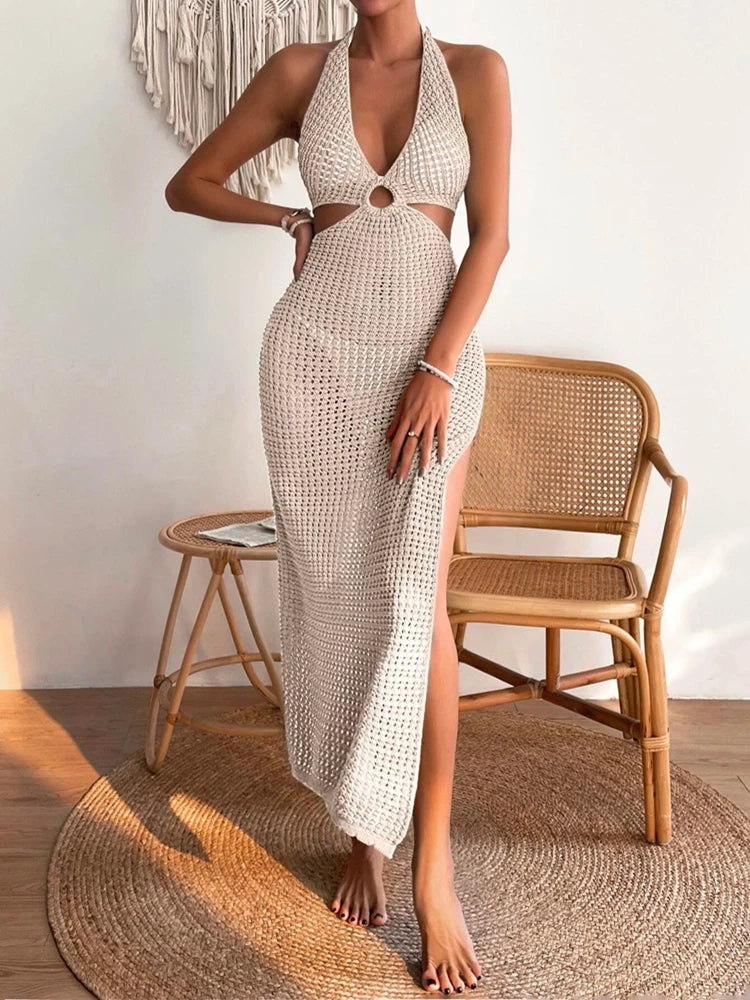 Women’s Crochet Halter Cut-Out Maxi Swim Cover Up