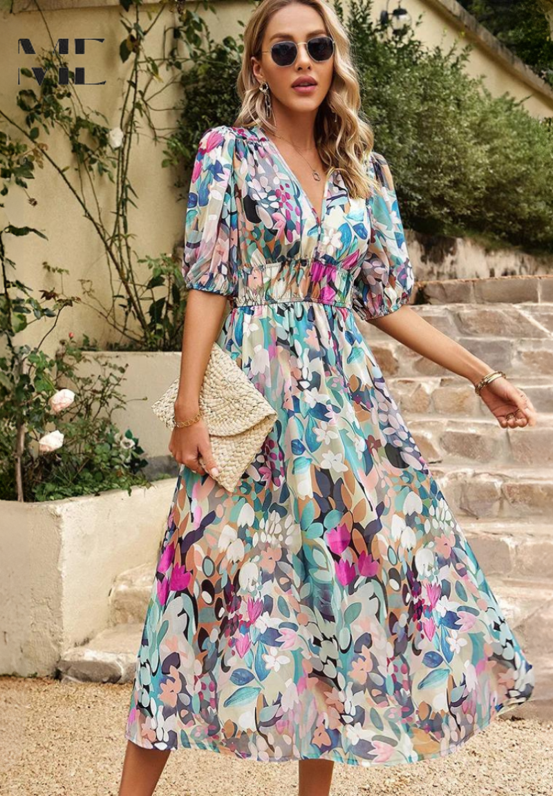 Women’s Floral Puff Sleeve Midi Wedding Guest Dress