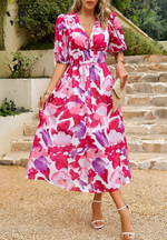 Women’s Floral Puff Sleeve Midi Wedding Guest Dress