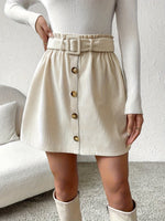 Women’s High Waisted Button Front Belted Mini Skirt