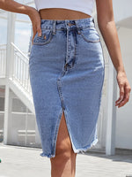 Women’s High Waisted Front Slit Denim Midi Skirt