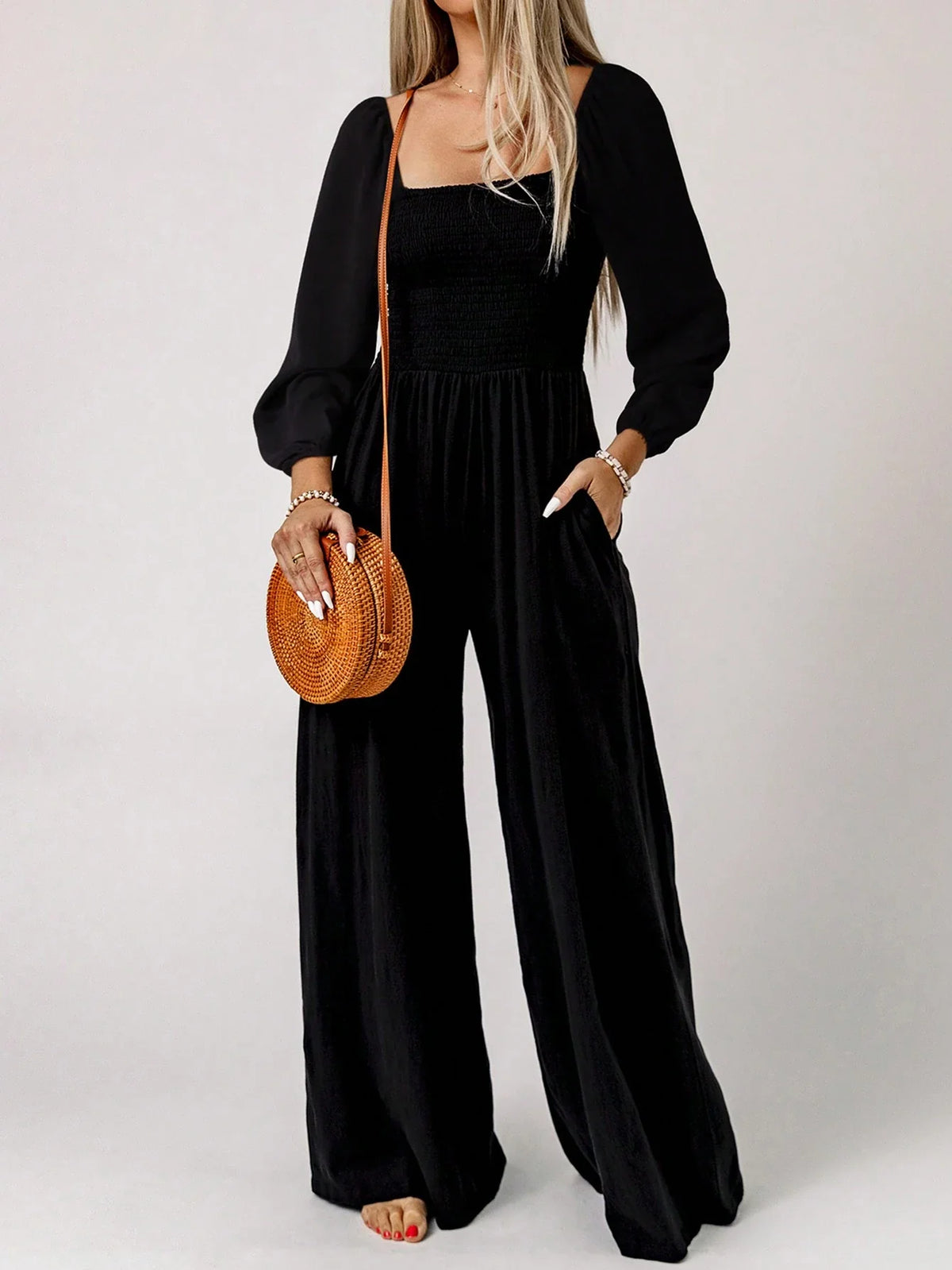 Women’s Long Sleeve Smocked Jumpsuit