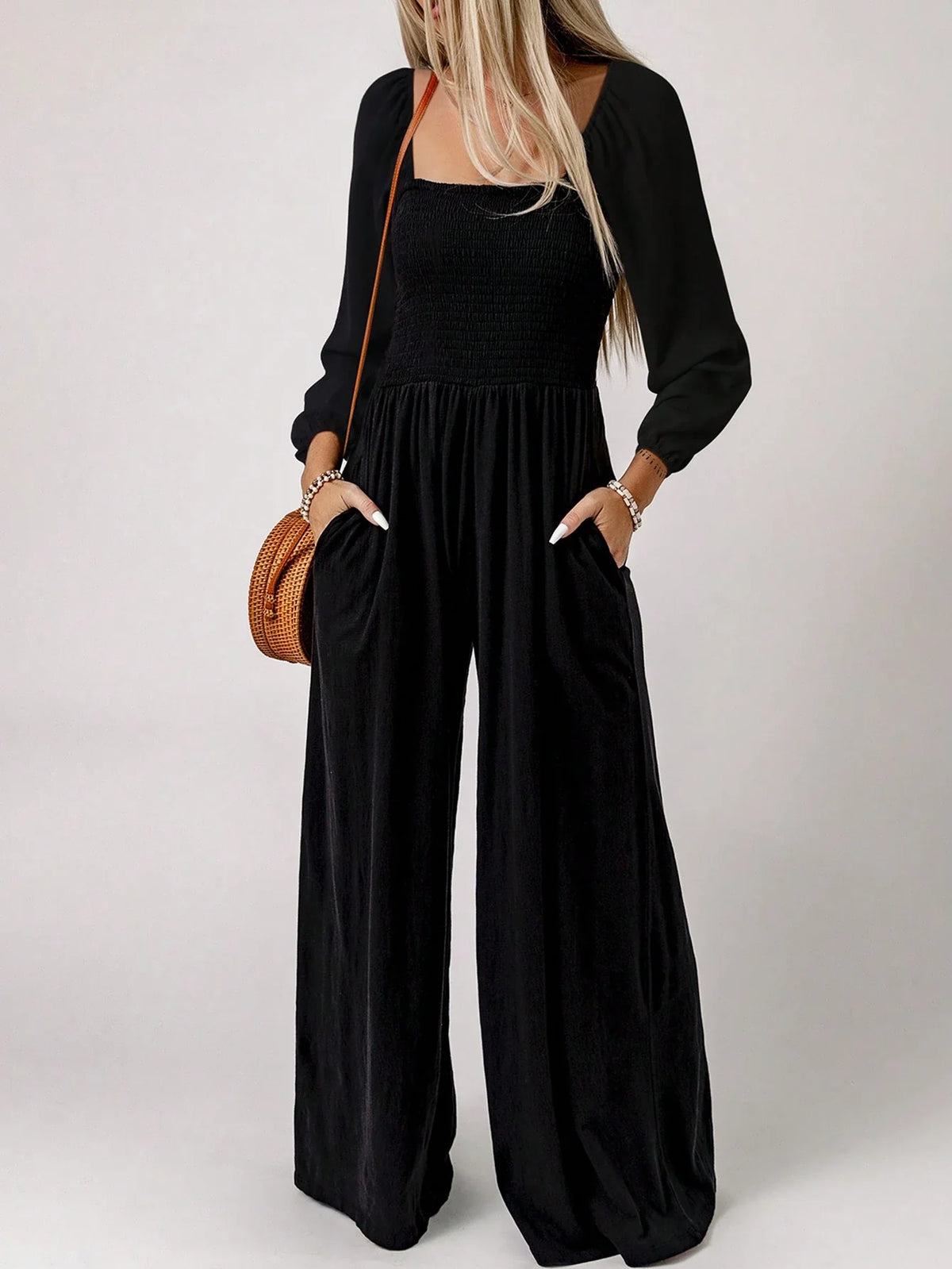 Women’s Long Sleeve Smocked Jumpsuit