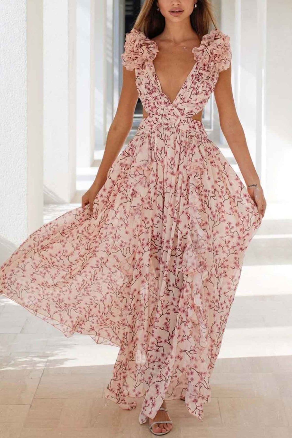 Women’s Ruffle Sleeve Floral Maxi Wedding Guest Dress