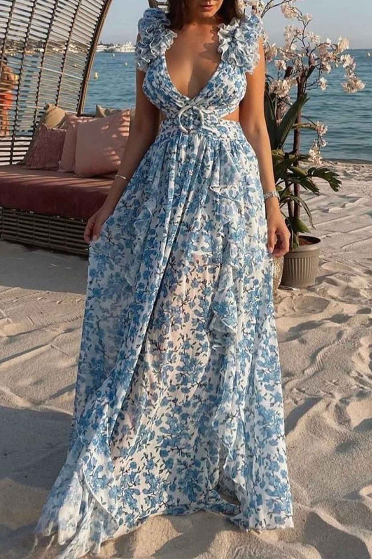 Women’s Ruffle Sleeve Floral Maxi Wedding Guest Dress