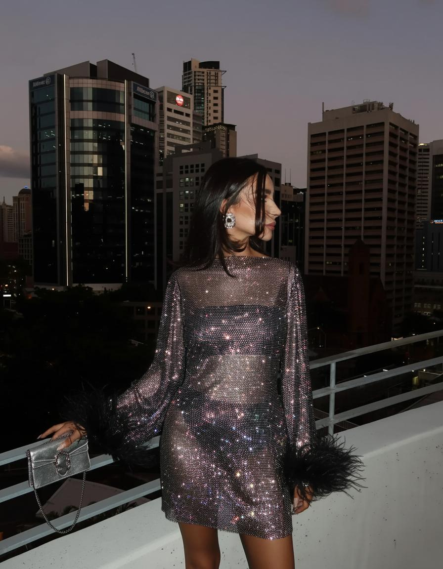 Women’s Sheer Sleeve Sequin Mini Cocktail Dress - Black / L - Fashion