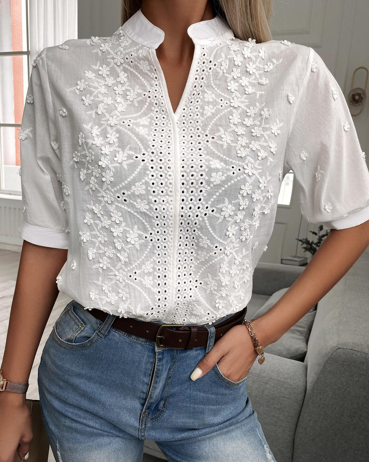 Women’s Short Sleeve Embroidered Blouse