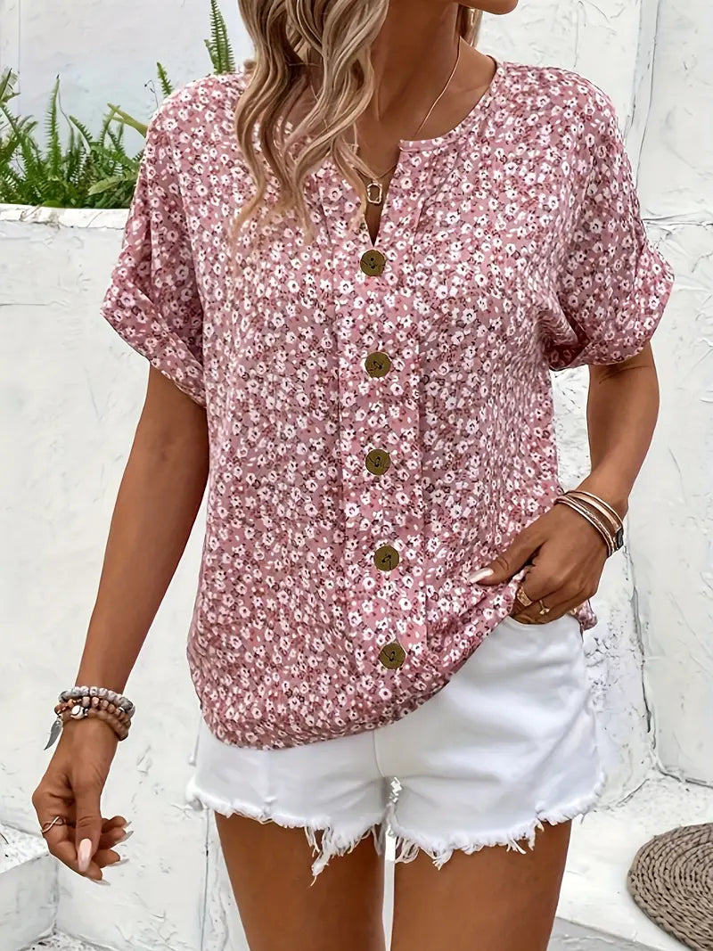 Women’s Short Sleeve Floral Button Front Blouse